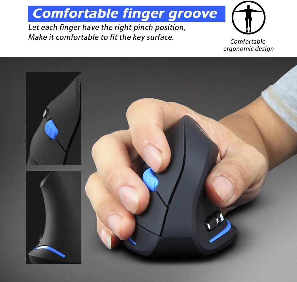 ZLOT Vertical Wireless Mouse,2.4G USB Optical Ergonomic Mice with 3 Adjustable DPI 1000/1600/2400 and 6 Buttons for Laptop, PC, Computer, Desktop, Black