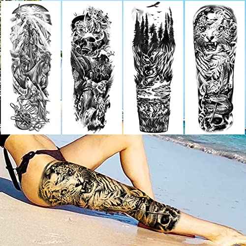 20 Sheets Extra Large Full Arm Temporary Tattoos For Men Adults, Tiger Snake Leopard Lion King Temporary Tattoos Sleeve For Women, Temp Waterproof Fake Tattoo Stickers For Kids Warrior Tatoos