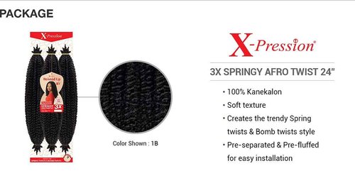 X-pression Braid Outre Crochet Braids X-Pression Twisted Up 3X Springy Afro Twist 24inch (5-pack, 1B)