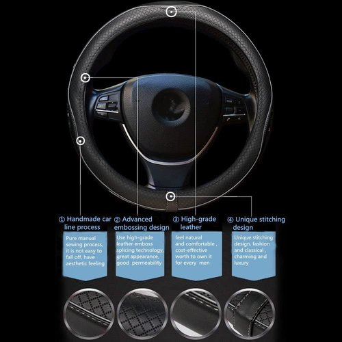 Gomass Car Steering Wheel Cover, Anti-Slip, Safety, Soft, Breathable, Heavy Duty, Thick, Full Surround, Sports Style (Black with Gray Line)