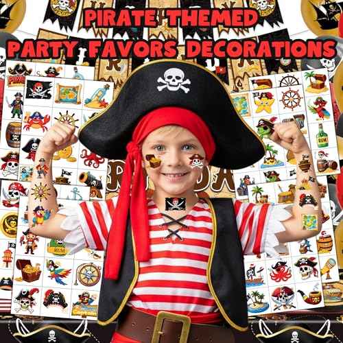 96 PCS Pirate Pre-Cut Temporary Tattoos for Kids, Pirate Ship Nautical Themed Tattoos for Birthday Party Decorations Favors Cute Mermaid Treasure Tattoo Stickers for Kids Boys Girls Party Bag Filler