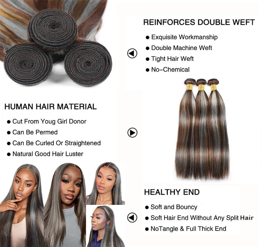 Giginger Bundles Human Hair P4/GREY 18 20 22 inch Straight Wave Human Hair Bundles Highlight Chocolate Grey Unprocessed Quick Weave Soft Sewn In Hair Extensions for Black Women