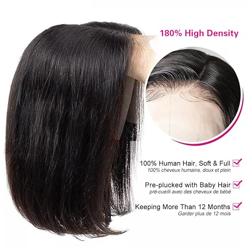 Bob Wig Human Hair 16 Inch 13x4 HD Frontal Bob Wigs Human Hair Pre Plucked with Baby Hair Straight Wigs for Black Women 180% Density Natural Black Wig