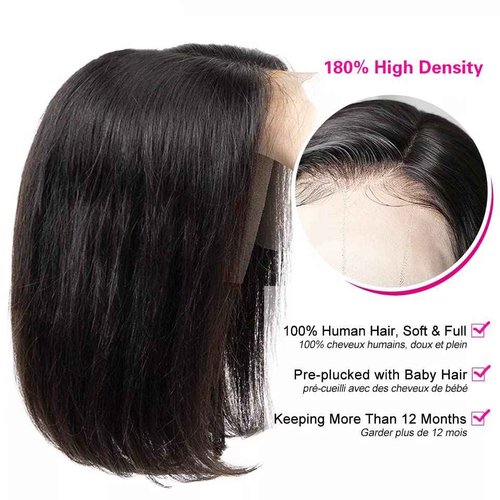 Qangelabeauty 14 inch Short Bob Wigs 13x4 Frontal Bob Transparent Lace Front Wigs Human Hair Pre Plucked Brazilian Virgin Hair Wigs for Black Women Natural Black