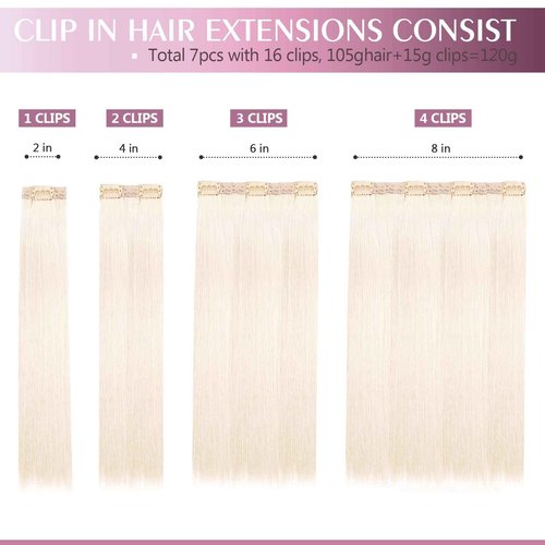 Fimislosion Real Hair Extensions Clip in Human Hair, Seamless Clip in Hair Extensions Real Human Hair, 18 Inch Clip ins extensions for women, Ash Platinum Blonde 120G 7Pcs