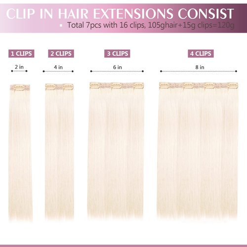 Fimislosion Real Hair Extensions Clip in Human Hair, Seamless Clip in Hair Extensions Real Human Hair, 16 Inch Clip ins extensions for women, Ash Platinum Blonde 120G 7Pcs