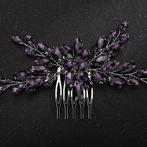 Teyglen Crystal Bride Wedding Hair Comb Hair Accessories With Rhinestone Bridal Crystal Hair Side Comb Handmade Red Blue Green Black Rhinestone Hair Pieces Vintage Headpieces for Women Girls (Purple)
