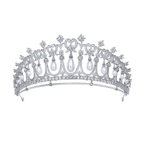 Princess Pearl Crowns Cubic Zirconia Queen Tiaras for Bride Headdress Vintage Birthday Prom Pageant Wedding Tiaras and Crowns Silver Crystal Bridal Hair Accessories (Silver 1)