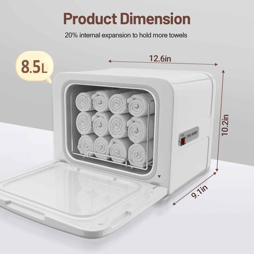Utenzi Hot Towel Warmer, 8.5L Mini Towel Warmer Cabinet, Professional Small Towel Heating Box with Stainless Steel Rack, Premium Towel Heater for Spa, Beauty Salon, Barber, Massage, Gym, Home, White