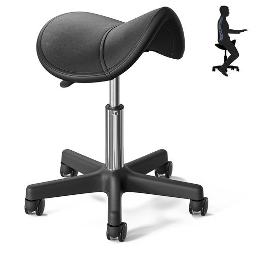 CLORIS Saddle Rolling Stool Hold up to 400 LBS Height Adjustable Swivel Chair Nylon Feet with Wheels for Spa, Massage, Salon, Home, Office, Medical, Tatoo, Bar Black