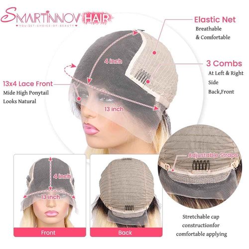 Smartinnov 1B/613 Ombre Blonde Bob Wigs Human Hair Glueless 13x4 HD Lace Front Wigs 12 Inch Pre Plucked Middle Part Virgin Hair for Women 180% Bleached Knots with Baby Hair Ombre blonde with Dark Root