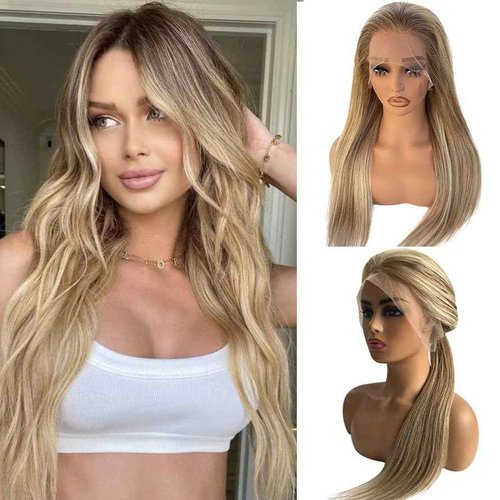 Smartinnov 13x4 HD Lace Front Human Hair Wig, Blonde with Highlights, 16 Inch, 150% Density, Modern Style, Female, 22-22.5 Inch Cap Size