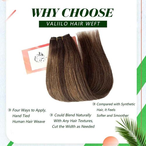 Weft Hair Extensions Human Hair 24 Inch Sew in Hair Extension Real Human Hair 120G Double Weft Ombre Light Brown to Ash Brown Highlights Sew in Human Hair Extension Full Head Remy Hair Weft Extension