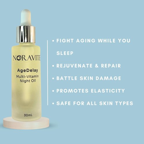 Noravite AgeDelay Multi-Vitamin Night Facial Oil - Intensive Skin Tightening Oil & Moisturizer - Nourishes Protects & Rejuvenates - Antioxidant Serum w/Vitamin E, Omega 3,6,9 & Seaweed - 30ml