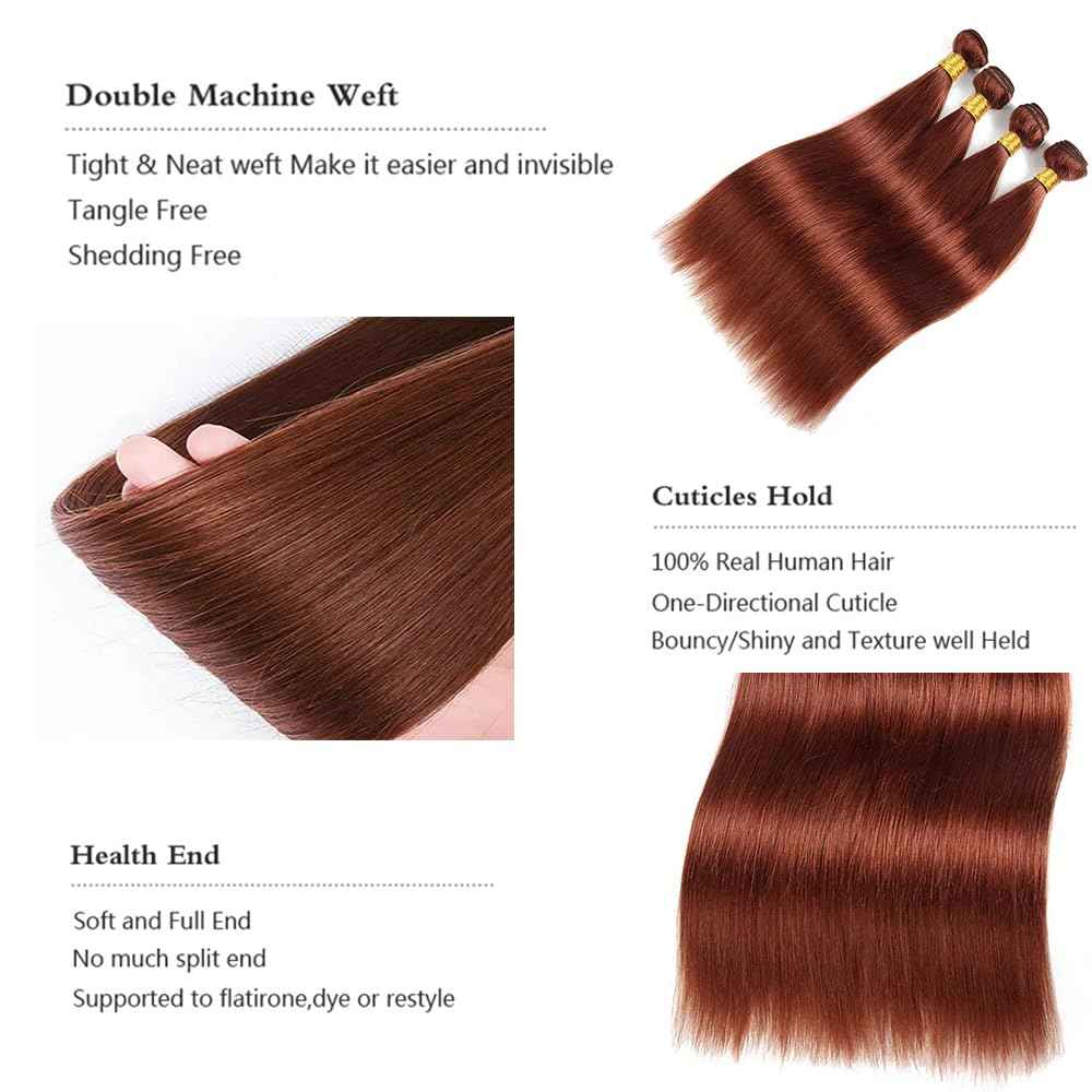 16 18 20 Inch Reddish Brown Straight Human Hair Bundles - Copper Red Color 33 Auburn Brazilian Virgin Hair Double Weft Soft and Silky