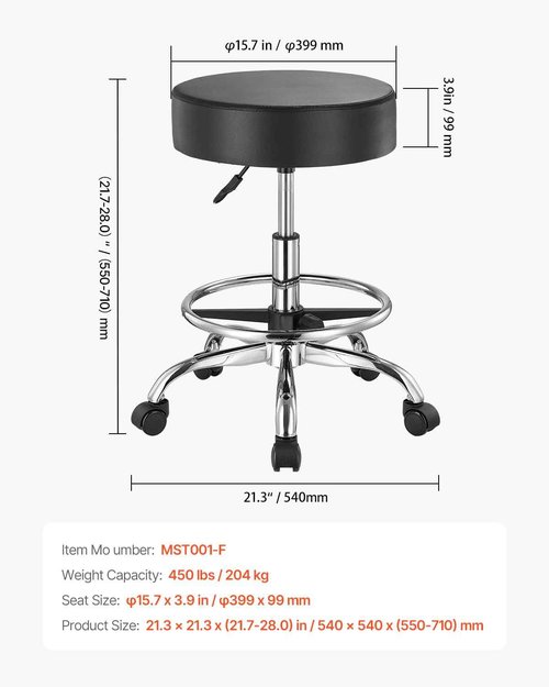 VEVOR Rolling Stool with Foot Rest and Wheels, 450 LBS Weight Capacity Round Rolling Stool Chair, Height Adjustable Thickened PU Leather Swivel Stool for Salon, Spa, Massage, Tattoo, Clinic, Black