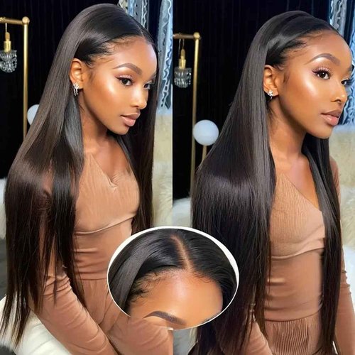 URUNIK 5x5 HD Lace Closure Wigs Human Hair 250 Density Wear and Go Glueless Wigs Human Hair for Women Pre Plucked Pre Cut with Baby Hair Bleached Knots Ready to Wear Black Straight Wig