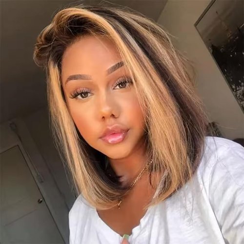 mianduan Highlight Bob Wigs Human Hair 13x4 Frontal Lace Wig 4/27 Honey Blonde Bob Wigs 14inch Glueless Wigs Human Hair pre plucked pre cut 180% Density 12A Short Wigs for Women Human Hair