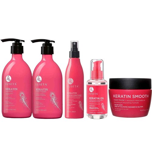 Luseta Keratin Shampoo & Conditioner set(16.9 oz), Keratin Leave in Conditioner(8.5 oz), Keratin Hair Mask(16.9 oz) and Keratin Hair Oil (3.38 oz) Bundle