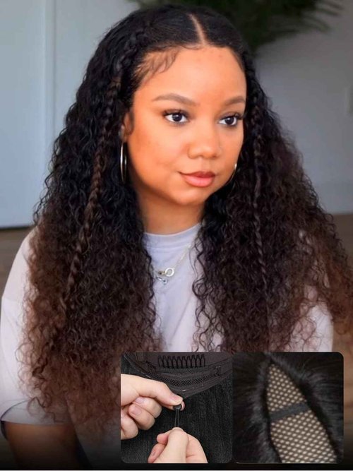 Nadula EasiContour V Part Curly Wigs Human Hair No Leave Out Ombre Black to Chestnut Brown Clip in V-part Wig,12A Glueless Highlight Upgrade U Part Human Hair Wig Ready to Go 180% Density 16inch