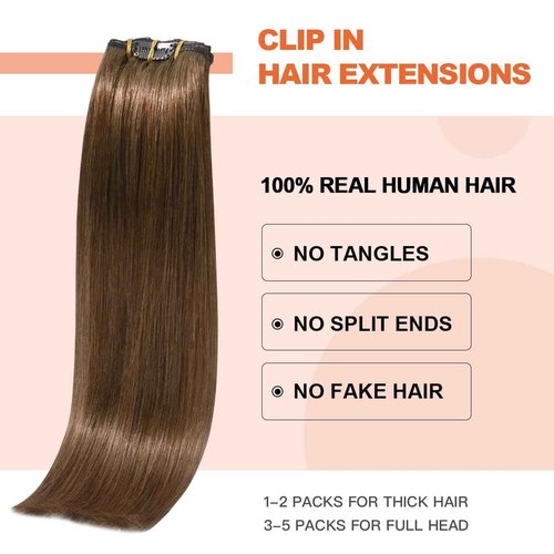 UGOTRAYS Light Brown Hair Extensions Clip in Human Hair 18 Inch 120g 7pcs Remy Hair Silky Straight 16clips One Pack for Women #6 Chestnut Brown Hair Extensions