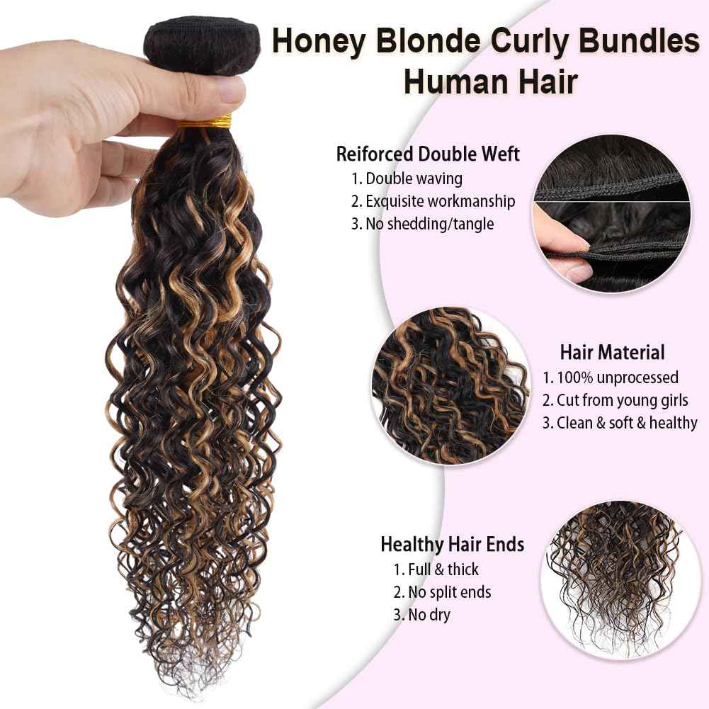 Highlight Water Wave Bundles with Closure Human Hair Honey Brown Balayage Curly Wave Human Hair Bundle 1B/27 Colored 3 Bundles with 4x4 HD Lace Closure Free Part (14 16 18+12)