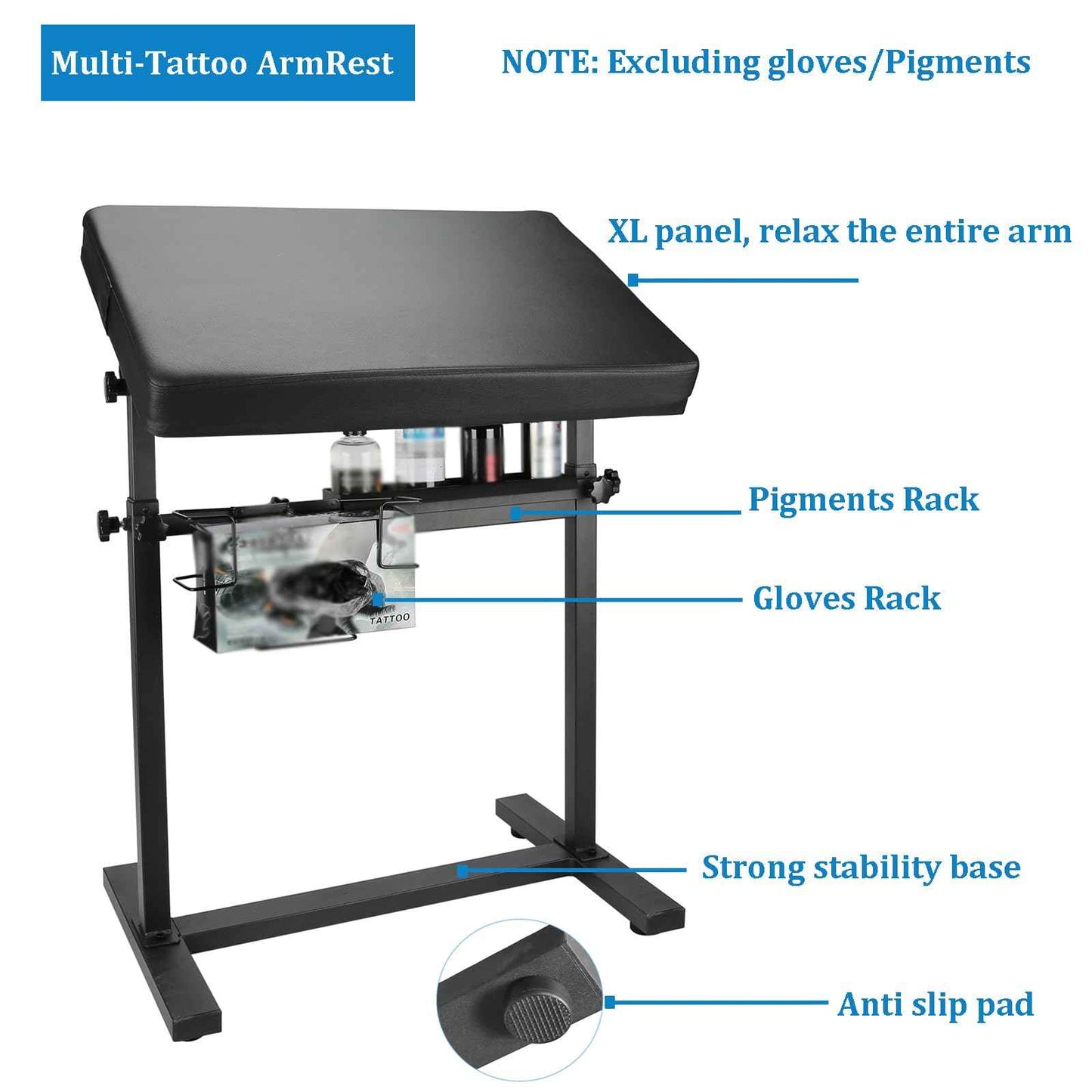 Hombtce Tattoo Arm Rest XL, Multifunctional Tattoo Arm Rest Stand, Base Structure w/Strong Stability, With Glove Rack, Pigments Rack, Quick installation, Adjustable Height