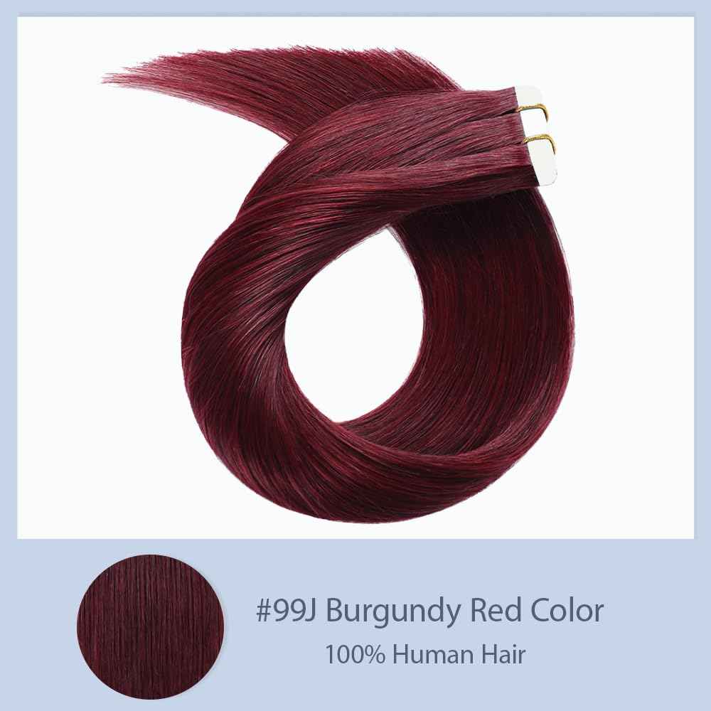 #99J Burgundy Tape in Extensions Human Hair 28 Inch Red Straight Tape in Seamless Extensions Real Human Hair Skin Weft Seamless Invisible Unprocessed Virgin Remy Hair 50g 20 Pcs