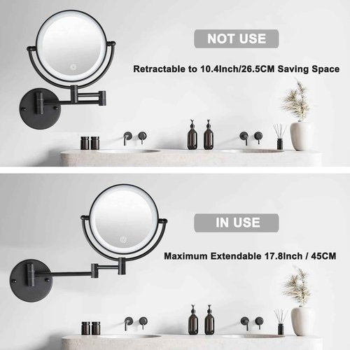 8" Wall Mounted Lighted Makeup Vanity Mirror with 3 Color Lights Stepless Dimming, 1X/10X Magnifying LED 2-Sided Bathroom Touch Sensor Extendable Arm 360 Swivel Shaving Mirror Hardwired, Matte Black