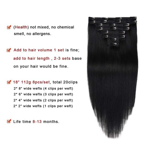 Real Clip in Hair Extensions Black 8 Pieces - Premium Womens Straight Double Weft Thick Remy Hair Extensions Clip in on Human Hair for Long Hair (20" / 20 inch, #1, 122 grams/4.3 Oz)