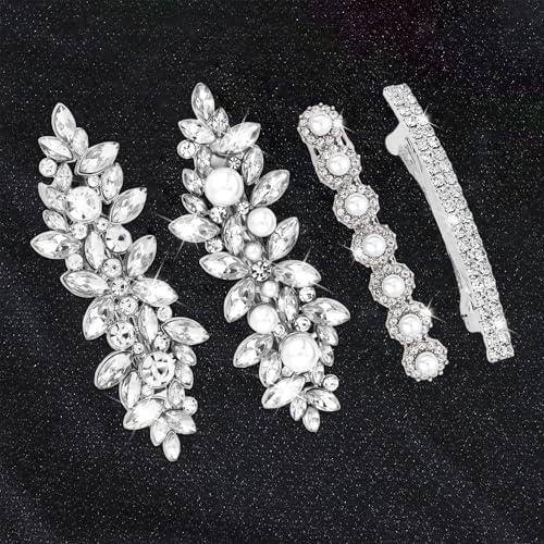 4PCS Rhinestone Hair Clips, Silver Sparkly Pearl Wedding Hair Barrettes, Elegant Metal Alloy Rhinestone Hair Accessories for Women Girls