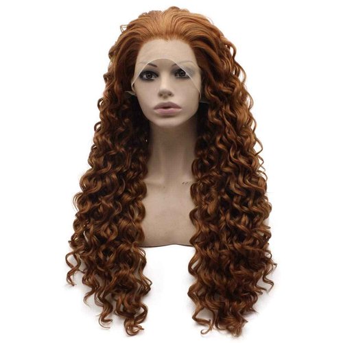 MX angel Long Curly Dark Auburn Curly Lace Front Synthetic Wig