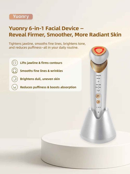 Yuonry 6-in-1 Age-Defying - Eye, Face & Neck Lift & Firm, 5-Color Light Therapy for Face with Microcurrent, Vibration, Heat & Cooling, Skin Care Tool for Youthful & Tightening Skin