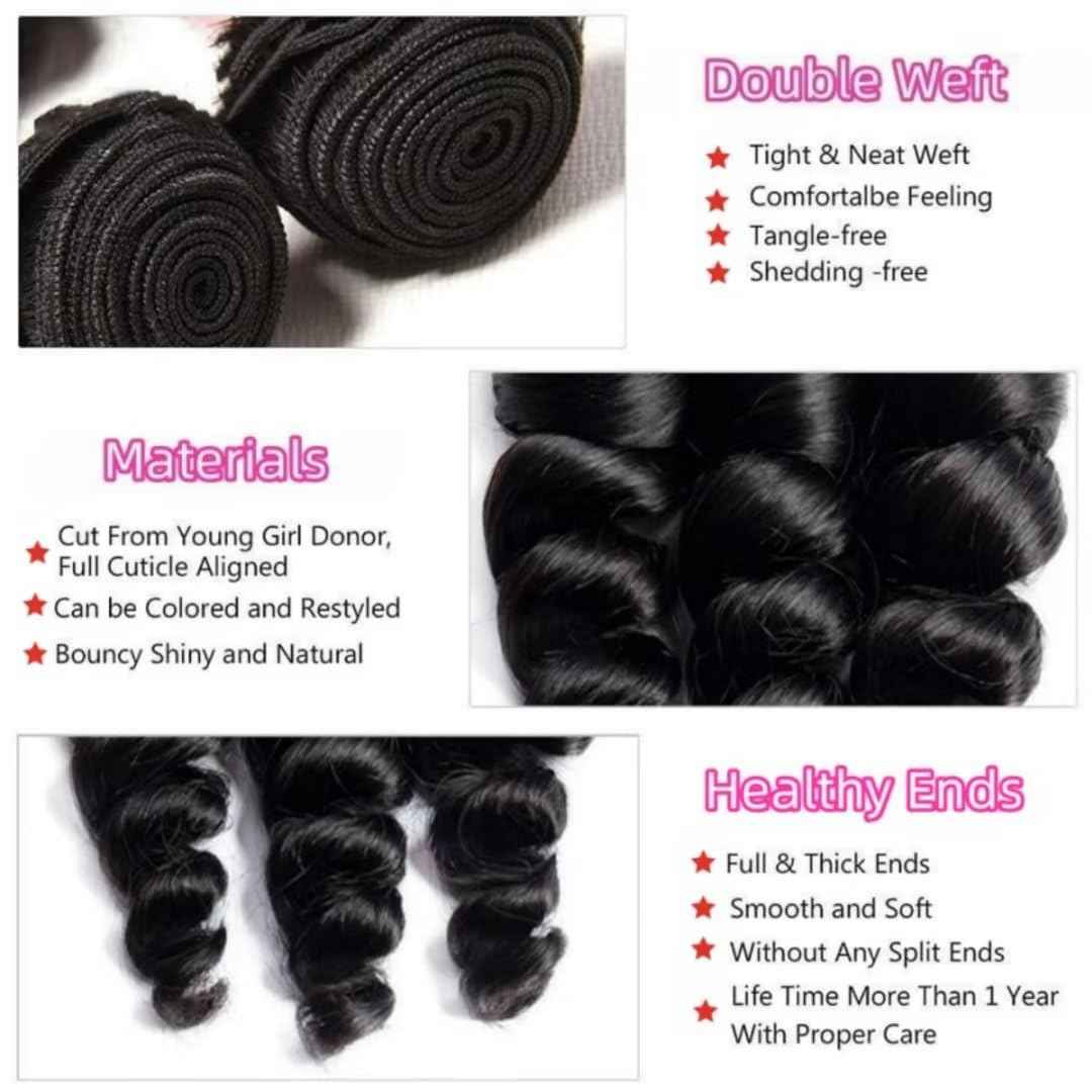 Ladiaryf Loose Wave Bundles Human Hair Short Brazilian Virgin Human Hair Bundles Loose Wave Natural Black Color Can Be Dyed and Styled Total 300g 12 12 12 Inch