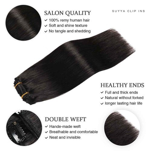 SUYYA Real Human Hair Clip in Extensions - Straight, Double Weft Natural Black Hair - Clip ins 7pcs 120g (18 inches #1B Off Black)