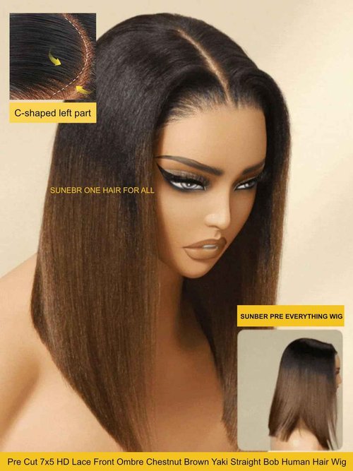 Sunber Ombre Chestnut Brown Light Yaki Straight Bob Human Hair Wigs Bye Bye Knots Pre Cut 7x5 HD Lace Front Lace Put On and Go 3s Wear Glueless Brown Yaki Bob Wig Pre Bleached Invisible Knots 12Inch