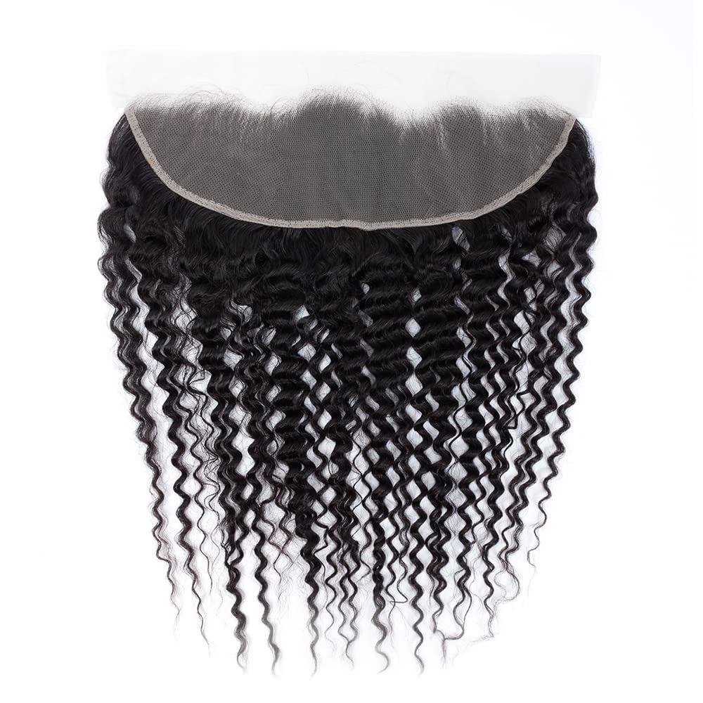 13x4 Lace Frontal Closure Deep Wave Regular HD Lace, 200% Density, 100% Brazilian Virgin Human Hair Ear to Ear HD Lace Frontal Pre Plucked with Baby Hair Natural Black Color 24 Inch