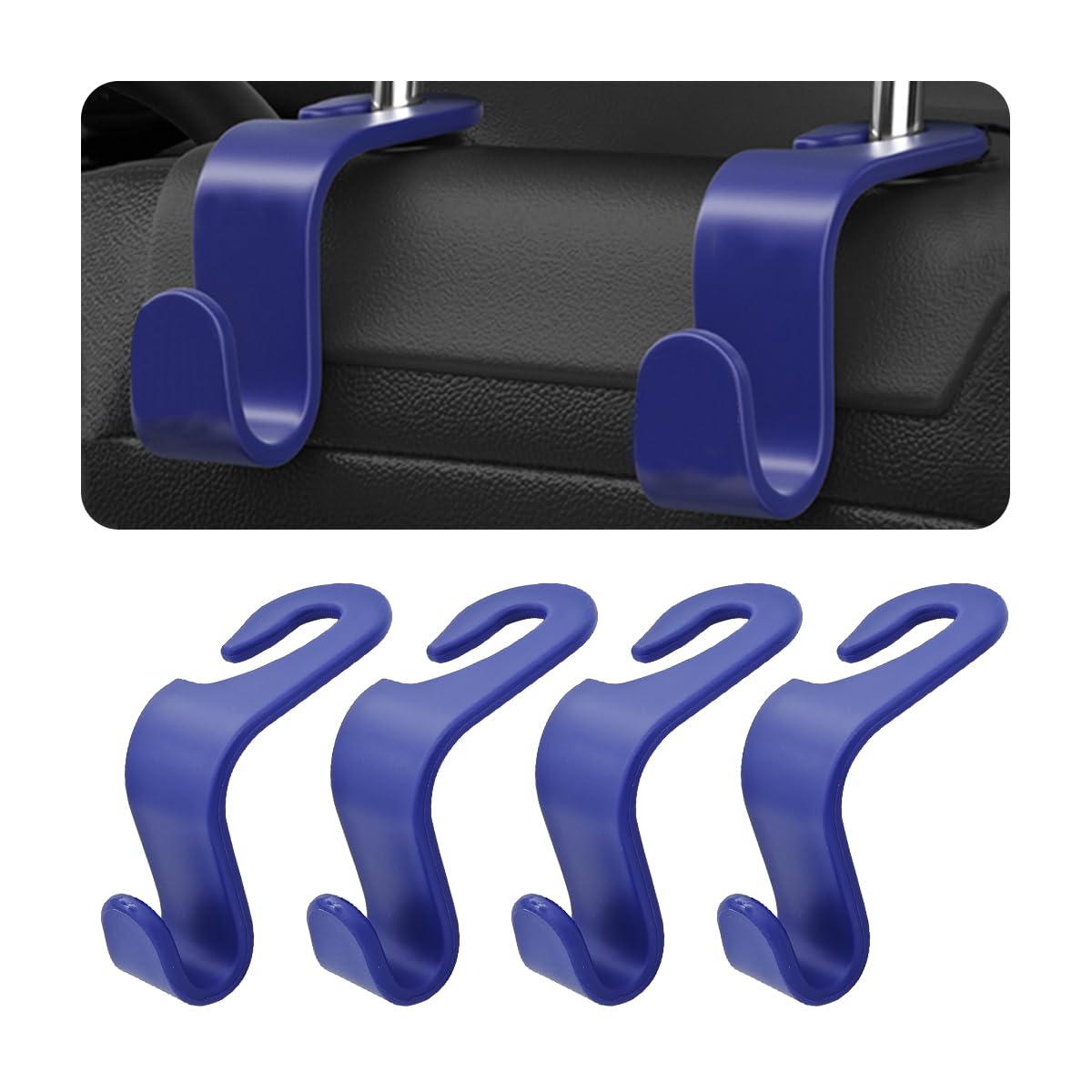 4PCS Car Back Seat Headrest Hooks, Rear Car Seat Storage Headrest Hanger Holder Hooks Organizer, Universal Auto Interior Accessories for Bag Purse Handbag Cloth Coats Grocery (Blue)