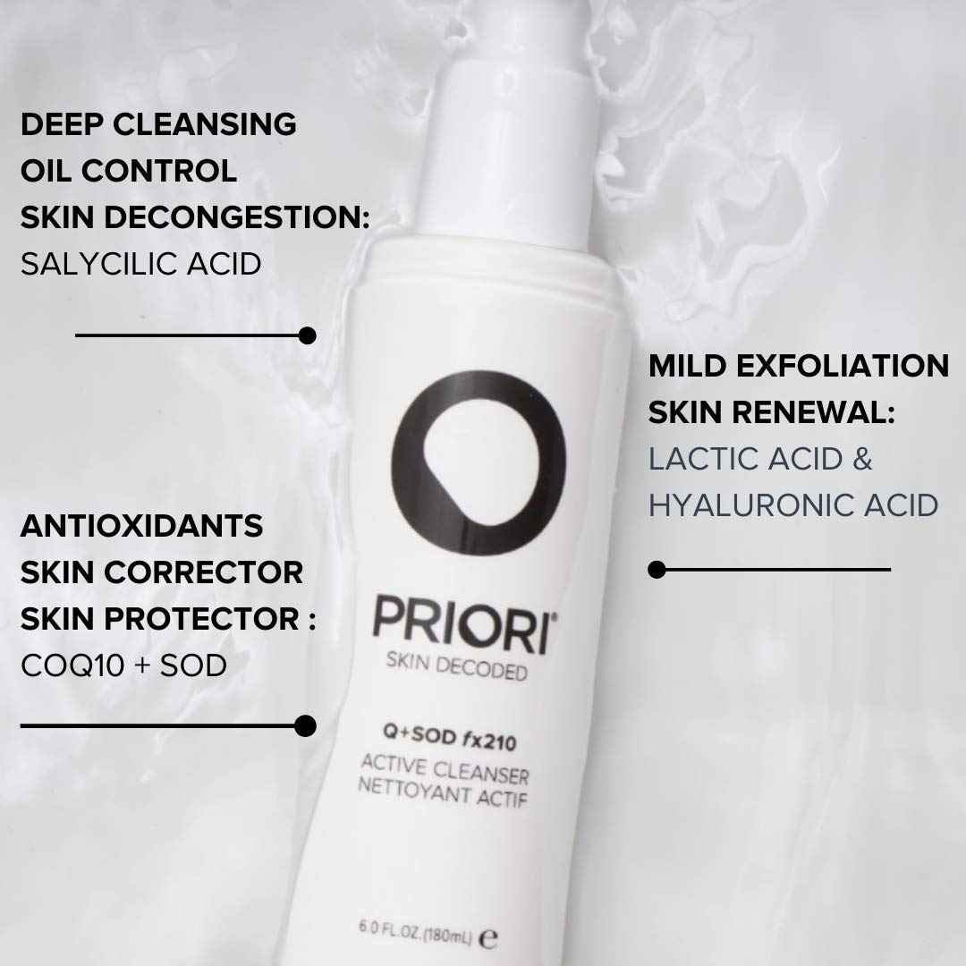 PRIORI Skincare Active Facial Cleanser with CoQ10 for Deep Cleansing Pore Refining Hydrating Antioxidant Face Wash with Lactic and Salicylic Acid Fragrance Free 6 fl oz