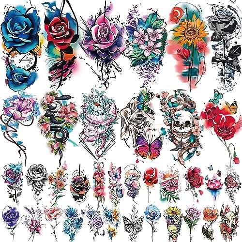 77 Sheets Flowers Temporary Tattoo, 17 Sheets Half Arm Rose Butterfly Snake Skull Fake Tattoos for Adults Arm Neck, 60 Sheets Tiny Realistic Temporary Tattoos Waterproof for Women Girls and Kids