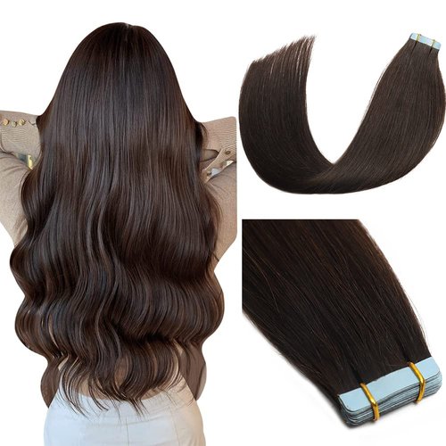 Amella Hair Tape in Hair Extensions Human Hair 100% Remy Human Hair Darkest Brown 40g/pack 20pcs Straight Seamless Skin Weft Tape in Human Hair Extensions (24 inches #2 Darkest Brown)