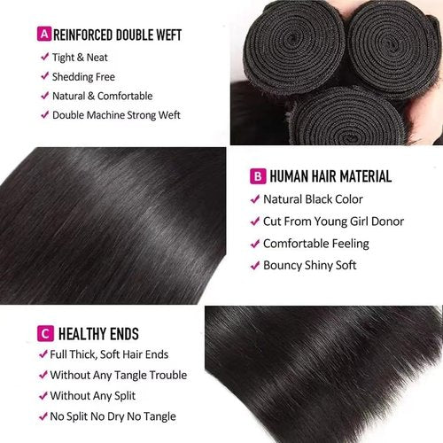 JTMMP Straight Human Brazilian Virgin Hair - 18/20/22 inch, 3 Bundles (100g each, 300g total)