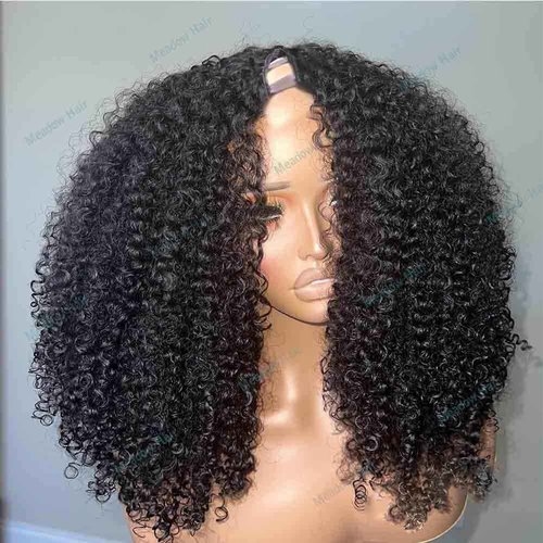 Meadow hair Afro Kinky Curly V Part Wig Human Hair Brazilian Virgin Upgrade U Part Wigs Glueless Afro Curly 180 Density Vpart Wig No Leave Out For Black Women 18Inch