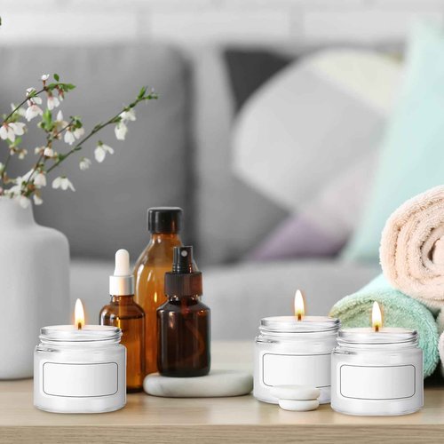 Layhit 96 Pcs 2oz Glass Jars with Lids Clear Small Jars with Plastic Woodgrain Lids, White Labels and Inner Liners Empty Round Cosmetic Containers for Creams Lotions Candle Making (2oz/ 60ml)