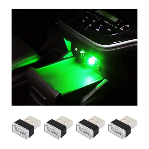 Augeny 4 PCS USB LED Car Interior Atmosphere Lamp, Plug-in USB Decor Night Light, Portable Auto Ambient Lighting Kit, Universal Vehicle Interior Accessories for Most Cars (Green)