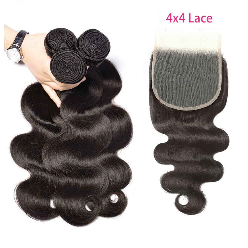 Human Hair Bundles with Closure 20 22 24+18 Inch Body Wave Closure with bundles 100% Brazilian Virgin 3 Bundles Human Hair Weave with 4x4 Free Part Lace Closures Natural Black