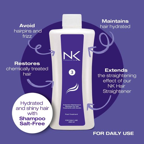 NK Professional Care Sensitive Keratin Hair Straightening Treatment, Vegan, Formaldehyde Free. Kit Steps 1,2,3,4. Sensitive straightening treatment, post-treatment shampoo and restorative mask.