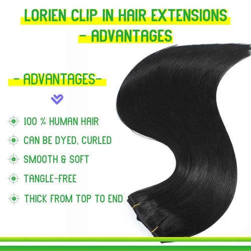 LORIEN Clip in Hair Extensions Real Human Hair, 24 Inch 120g, 1 Jet Black, Clip in 100% Brazilian Remy Human Hair Extensions 8pcs Per Set with 18 Clips Double Weft