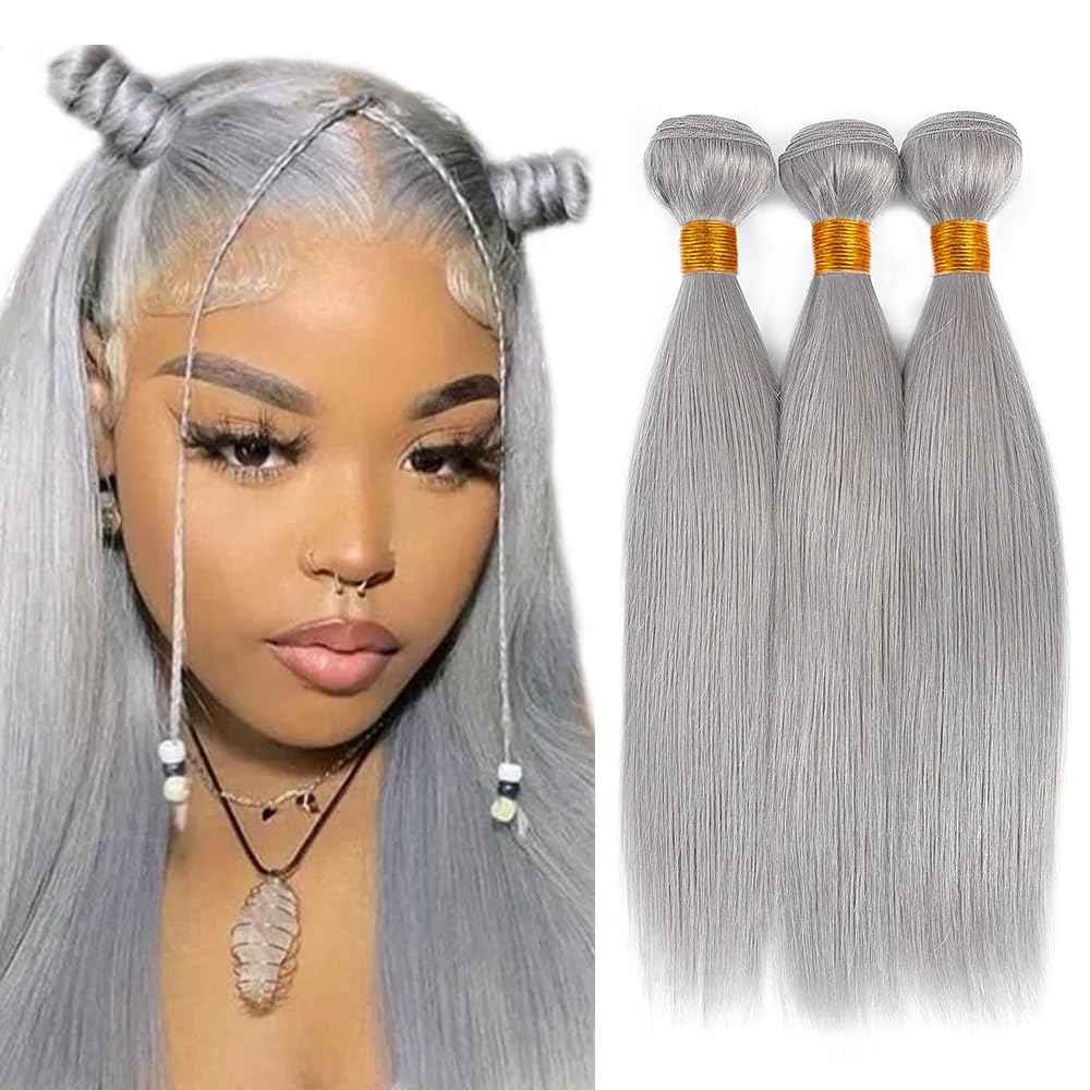 26 28 30 inch Silver Human Hair Bundles Grey Straight Bundles Gray Hair Weave Double Weft Silver Straight Bundle