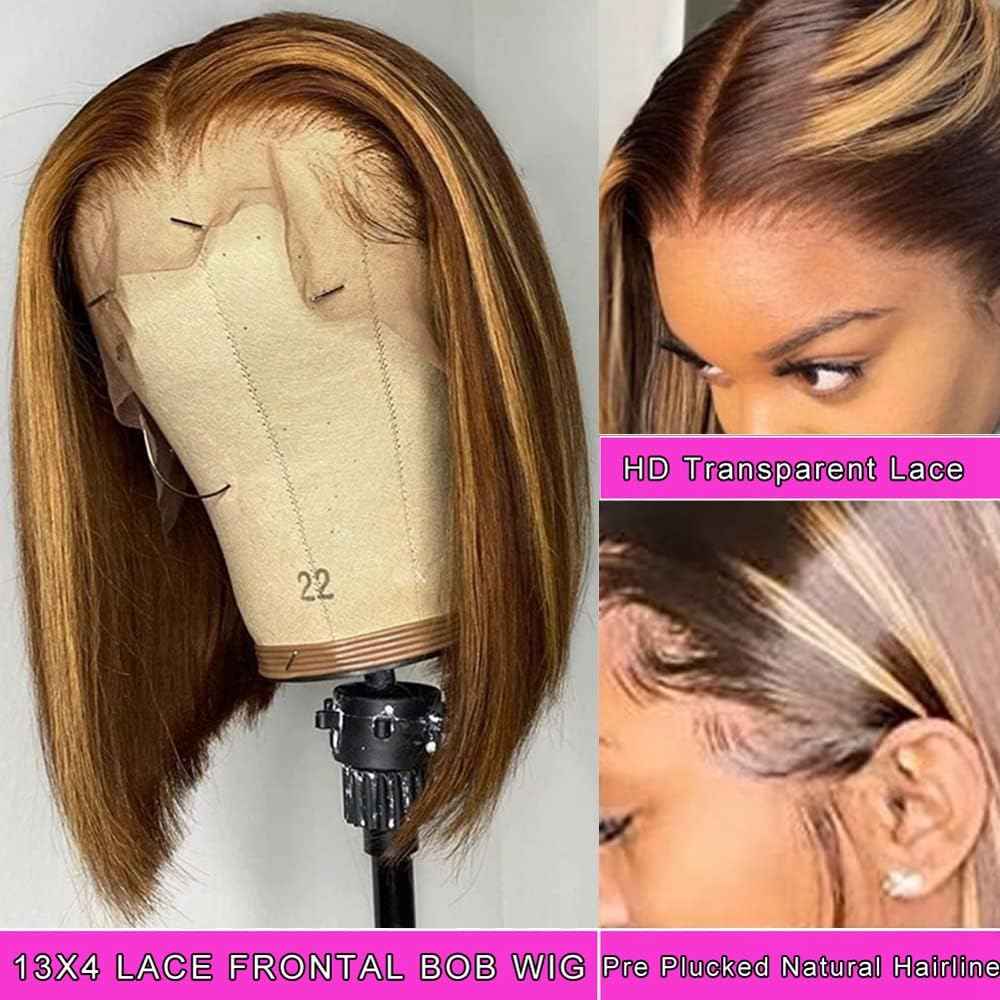 4/27 Highlight Bob Wig Human Hair Straight 13X4 Highlight Bob Lace Front Wigs Human Hair Wear and Go Glueless Wig Pre Plucked 14 Inch Ombre Brown Honey Blonde Hd Lace Frontal Wigs For Black Women